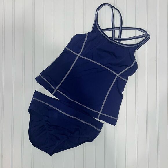 Lands End Women’s Tankini Set 8 Navy Blue Cross Back Modest Preppy Athletic - Picture 1 of 13